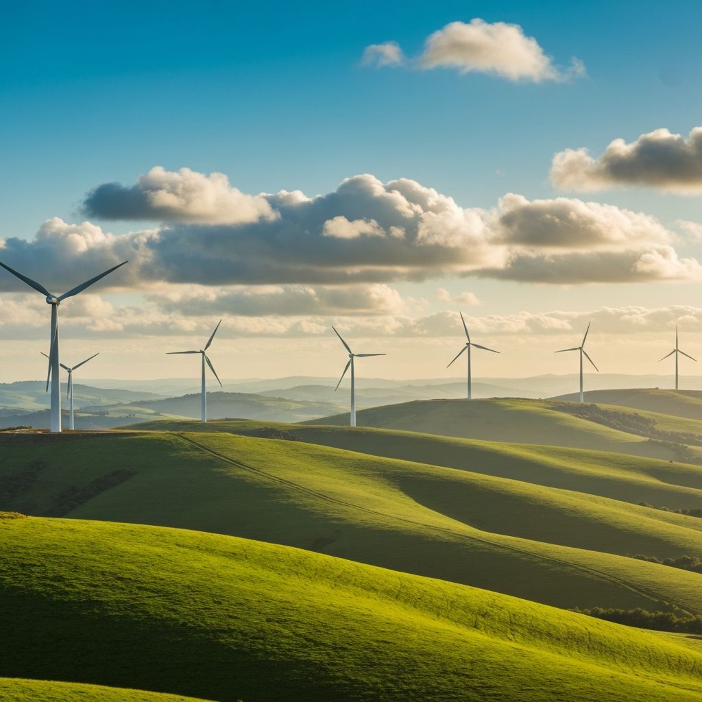 Rolling green hills with wind turbines
