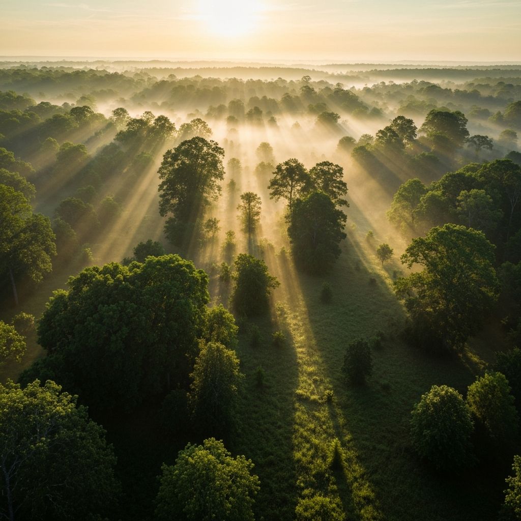 Lush green forest with morning mist